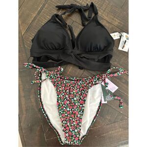 Target Brands Bikini Size Medium Black Halter Triangle Top Floral Tie Side Botto